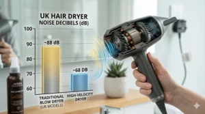 A chart showing the low decibel levels of a quiet yet fast hair dryer compared to traditional blow dryers.