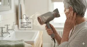 A low-decibel hair dryer in use by a woman with a hearing aid, featuring a diagrammatic icon for quiet, low-noise operation.