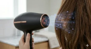 A quiet-motor powerful hair dryer being used in a modern British bathroom, highlighting the low-noise performance for morning routines.