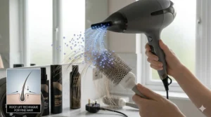 An illustration demonstrating how to use a professional hairdryer to add volume and root lift to thinning or fine hair.