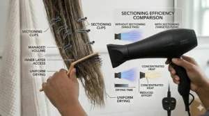 A person using sectioning clips to manage thick coarse hair while blow-drying for a more efficient routine.