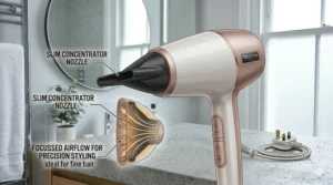 A professional demonstration of a slim concentrator nozzle attached to a hairdryer, illustrating focused airflow for precision styling on fine hair.