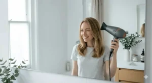 A smiling British woman showing the final voluminous and shiny results after using a ceramic hair dryer on fine hair.
