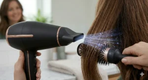 A slim concentrator nozzle on a powerful hair dryer used with a round brush for precision styling and smoothing a fringe.