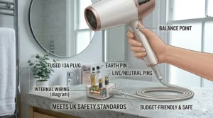 A technical diagram of a standard British 13A fused 3-pin plug and internal wiring, ensuring the hairdryer meets UK safety standards.
