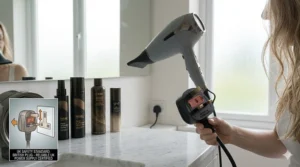 A professional hairdryer featuring a UK 3-pin plug, highlighting British safety standards and build quality.