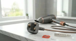 Close-up of a standard UK three-pin plug and long swivel cord for easy reach while styling thick hair at a dressing table.