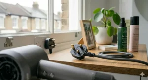 Alt text for image 9: A standard British three-pin plug and hair dryer cable on a wooden surface, highlighting UK electrical safety standards.