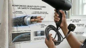 Close-up of a standard British three-pin plug and heavy-duty cord for a high-wattage hair dryer.