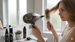 Illustration of a professional hairdryer with adjustable heat settings to prevent heat damage on fine hair.