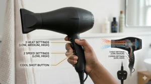 Close-up of UK hairdryer controls showing multiple heat and speed settings suitable for thick hair types.