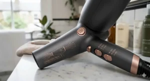 Diagram showing variable heat and speed settings on a 2000W hair dryer for customised thick hair care.