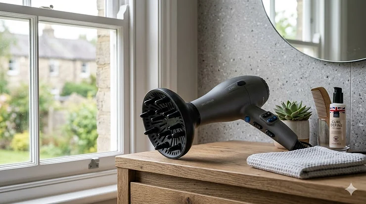 A photorealistic image of a charcoal grey, ionic hair dryer with a diffuser attachment resting on a wooden bathroom vanity in a UK home. Natural daylight from a sash window illuminates the scene, which includes a wooden comb and curl-defining product. affordable hair dryer with diffuser