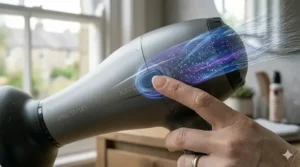 A photorealistic, highly detailed 4K close-up photograph of the ionic button being pressed by a woman's finger on the charcoal grey hair dryer. The image showcases the ionic technology and frizz reduction feature, illuminated by natural daylight.