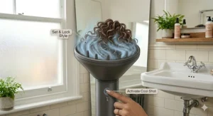 An infographic showing the internal airstream vortex path and structure-locking mechanism of a curl enhancing hair dryer.