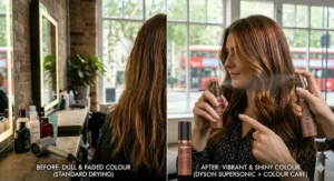 A person applying heat protection spray to wet, coloured hair before using a high-quality hair dryer.