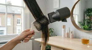 An illustration showing the application of heat protection spray to damp hair, highlighting the thermal shield before using a hair dryer.