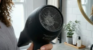 A split-screen comparison showing frizzy, dehydrated hair versus smooth, healthy results after using an ionic hair dryer for dry hair.