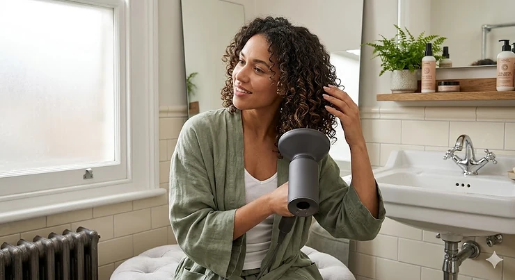 A woman with defined curly hair using a curl enhancing hair dryer with a diffuser attachment in a modern British bathroom. curl enhancing hair dryer