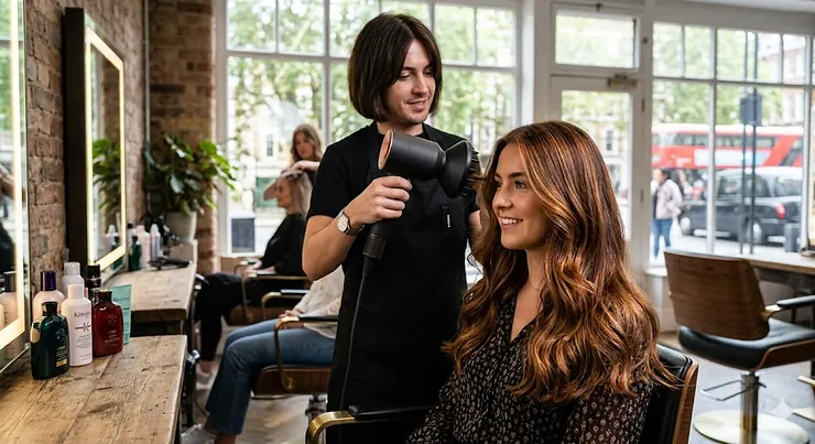 A professional salon hair dryer being used on vibrant, multi-tonal coloured hair to maintain shine and prevent heat damage. hair dryer for coloured hair