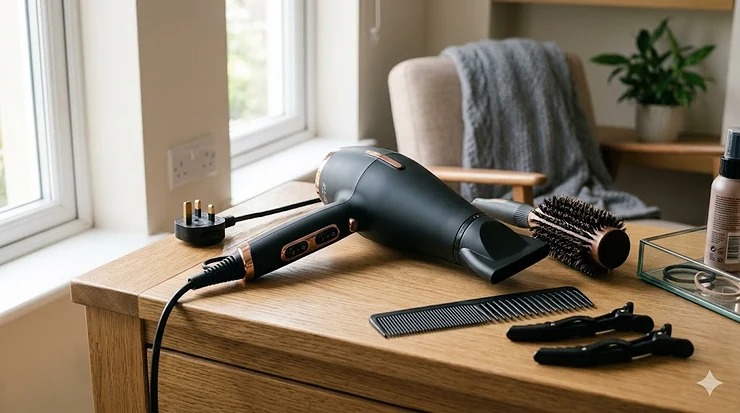 A professional high-wattage hair dryer with a UK three-pin plug, styled on a marble countertop next to a round barrel brush. hair dryer for long thick hair