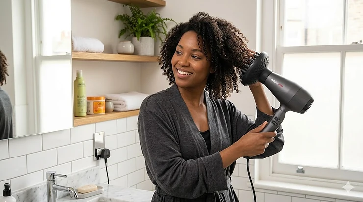 A woman with natural Type 4 curls using a premium hairdryer with a large diffuser attachment to add volume and definition. dryer for black hair