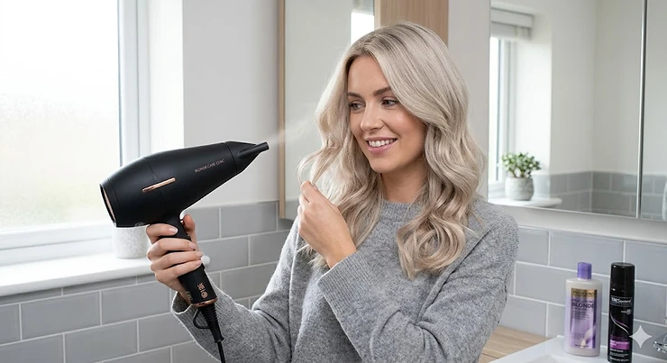 A woman with bright ash blonde hair using a professional hairdryer to create a smooth, salon-style finish at home. dryer for blonde hair
