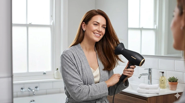 A woman in a modern British bathroom using a premium hairdryer designed to prevent heat damage, showing healthy, shiny hair and natural window light. hair dryer that doesn't damage hair
