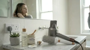A collection of British hair care products, including a scalp tonic and round brush, paired with a hair dryer for oily hair.
