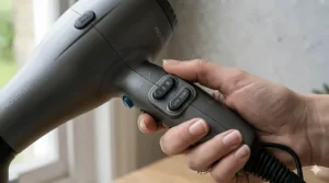 A photorealistic close-up view of the distinct rocker switches on the handle of a budget-friendly hair dryer, clearly labelled for adjusting the variable heat and airflow speed settings.