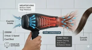Macro shot of the ceramic and tourmaline-infused grill of a hair dryer for dry hair, designed for even heat distribution.