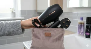 A lightweight, foldable travel hairdryer with a UK 3-pin plug, ideal for maintaining blonde hair on holiday.