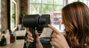 A slim concentrator nozzle being used for a precise, smooth blow-dry on highlighted British hair.