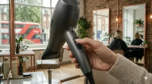 A finger pressing the cool shot button on a hair dryer to set the shape of a blow-dried bob haircut.