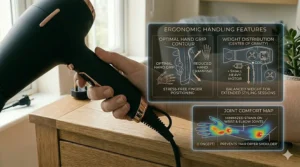 Illustration of the cool shot button being pressed to blast cold air and set a hairstyle in place for heavy, long hair.