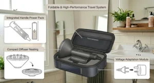 A hand pressing the cool shot button on a curl enhancing hair dryer to set and lock a curly hairstyle in place.