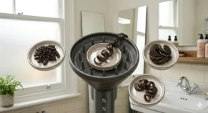 A technical comparison between a standard hair dryer and the focused vortex airflow of a curl enhancing hair dryer.