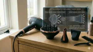 A large deep-bowl diffuser attachment designed to distribute airflow evenly across thick, naturally curly or wavy hair without frizz.