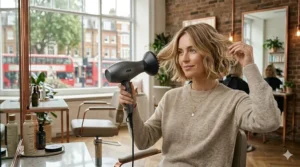 A diffuser attachment on a hair dryer used on a curly bob haircut to enhance natural waves without frizz.