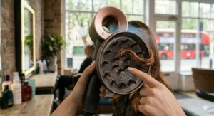 A large diffuser attachment for a hair dryer, ideal for drying curly coloured hair without causing dryness.