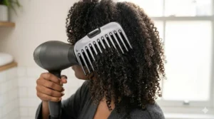 Close-up of a hairdryer diffuser attachment designed to evenly distribute heat for frizz-free curls and coils.