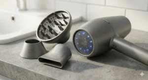 A set of hairdryer attachments including a concentrator nozzle and diffuser for curly hair styling.