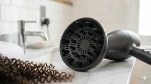 A person wearing a silk bonnet after drying their hair to maintain moisture and protect the style overnight.