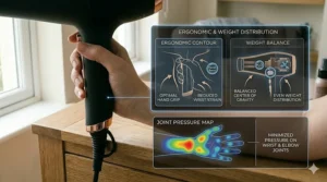 A person comfortably using a lightweight, ergonomically designed hair dryer, ideal for the longer drying times required for thick hair.