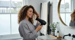 A person holding a lightweight, ergonomic hair dryer for dry hair in a modern British bathroom setting.