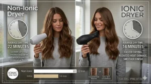 Alt text for image 7 (Illustration 6): An infographic showing the reduced drying time of an ionic hairdryer versus a traditional model, ideal for busy morning routines in the UK.