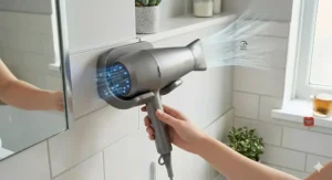A 4K photorealistic illustration showing a sleek, graphite grey professional negative ion hair dryer visualizing powerful, high-velocity airflow for quick morning styling.