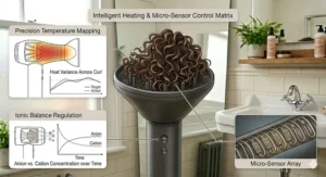 A compact and foldable curl enhancing hair dryer packed in a premium travel case with a UK power adapter.