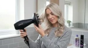 A diffuser attachment being used on blonde wavy hair to enhance natural curls without causing heat damage.