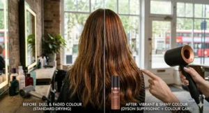 Side-by-side comparison of dull hair versus shiny, blow-dried coloured hair using a thermal protection dryer.